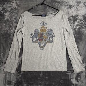 Ralph Lauren Rugby Graphic Tee Womens Large Gray Crest Long Sleeve Boat Neck